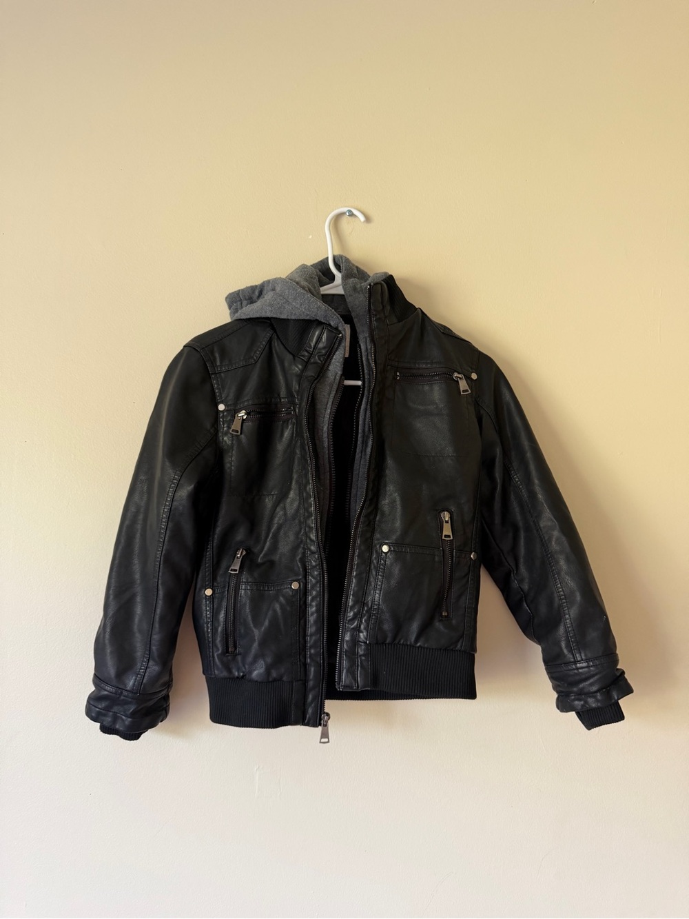 Kids Black Faux Leather Bomber Jacket with Grey Hood